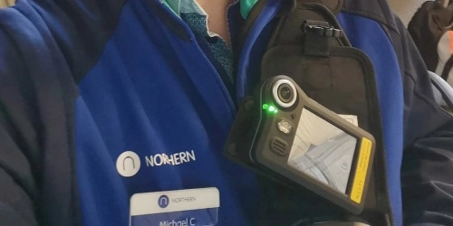Northern Rail Worker Wearing Body Camera - Wide Thumb
