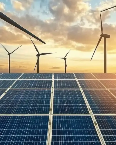 Blog Tall Solar Farms and wind turbines at dusk