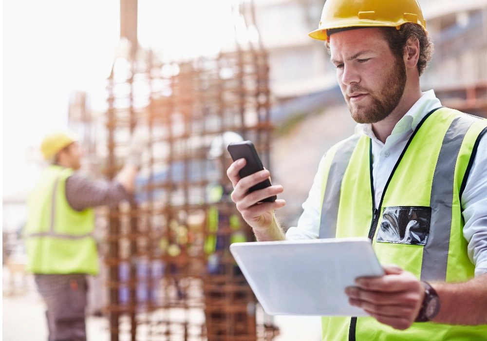 Construction Worker Looking at Phone